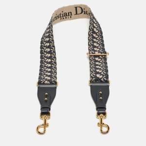 Dior Navy Blue Embroidered Canvas and Leather Shoulder Bag Strap