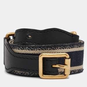 Dior Navy Blue Embroidered Canvas and Black Leather Buckle Belt 80CM