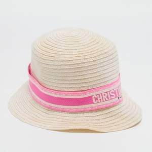 Christian Dior Ivory/Pink Logo Detail Straw Dioresort Hat 
