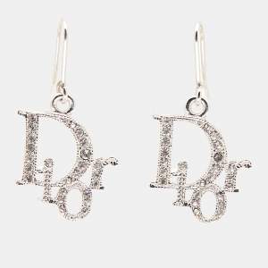 Dior Crystal Accented Logo Silver Tone Drop Earrings