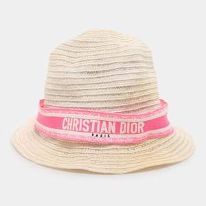 Dior Ivory/Pink Logo Detail Hemp Straw Dioresort Hat 58
