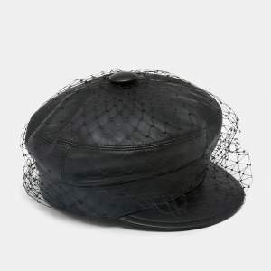 Christian Dior Black Leather Arty Beret Cap With Veil 
