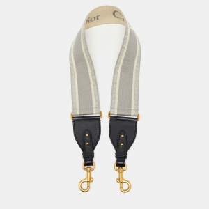 Dior Grey/Black Embroidered Canvas and Leather Shoulder Bag Strap 