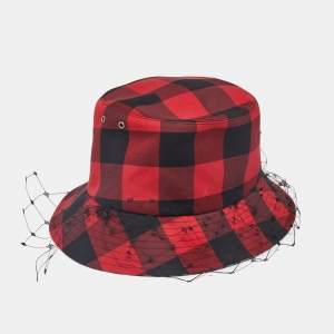 Dior Red Teddy-D Check'N'Dior Veil Bucket Hat Size 58
