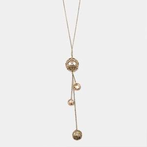 Dior Cannage Faux Pearl Crystals Gold Tone Long Necklace