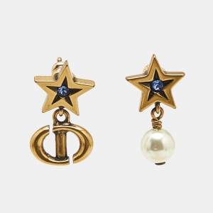 Dior Star CD Faux Pearl Crystals Gold Tone Drop Earrings