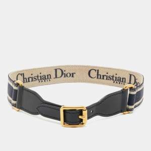 Dior Navy Blue/Black Embroidered Canvas and Leather Waist Buckle Belt 75CM