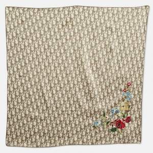 Dior Brown Floral Embroidered Diorissimo Silk Square Scarf