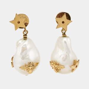 Dior CD Bee Faux Pearl Gold Tone Earrings