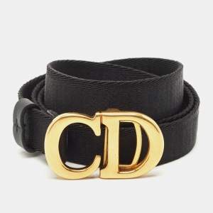 Dior Black Canvas and Leather CD Logo Slim Belt 90 CM