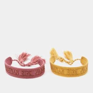 Dior Pink/Yellow J'adior Cotton Embroidered Bracelet Set of 2
