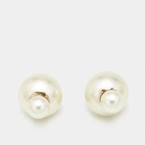 Pre Owned Dior Tribales Faux Pearl Gold Tone Earrings