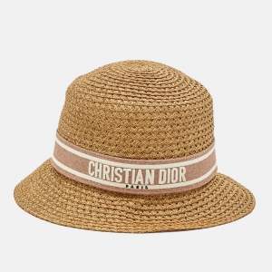 Pre Owned Christian Dior Beige Logo Straw Bucket Hat Size 57