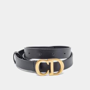 Pre Owned Dior Black Leather CD Logo Slim Belt 70 CM