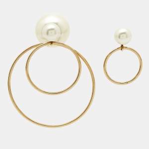 Pre Owned Dior Tribales Faux Pearl Gold Tone Earrings 