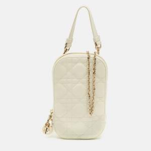 Pre Owned Dior White Cannage Leather Lady Dior Call'in Dior Phone Holder with Chain