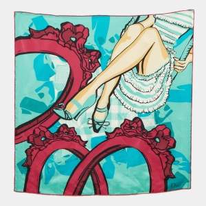 Pre Owned Dior Turquoise Blue/Pink Printed Silk Scarf