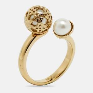 Pre Owned Dior Secret Cannage Faux Pearl Crystal Gold Tone Open Ring Size 52