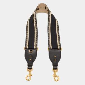 Pre Owned Dior Black/Off White Embroidered Canvas and Leather Shoulder Bag Strap