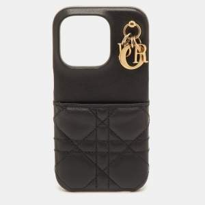مملوكة مسبقًا Dior Lady Dior Black Cannage Leather iPhone 14 Pro Phone Cover