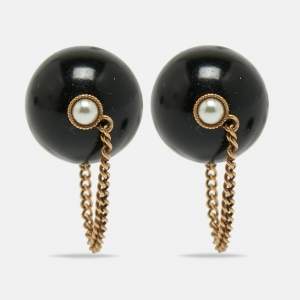 Pre Owned Dior Tribales Resin Faux Pearl Gold Tone Earrings
