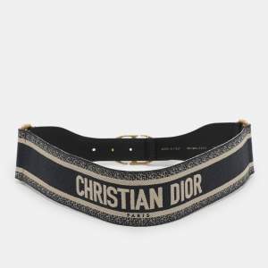 Pre Owned Dior Navy Blue Embroidered Canvas and Leather Buckle Waist Belt 75CM