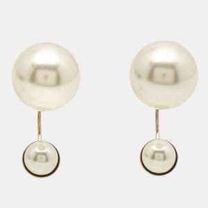 Pre Owned Dior Tribales Faux Pearl Gold Tone Earrings