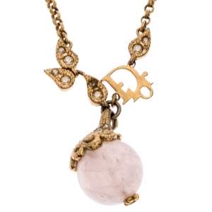 مملوكة مسبقًا Dior Logo Faux Pearl Crystal Embellished Gold Tone Ball Necklace