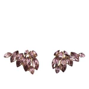 Pre Owned Dior Gold Tone Pink Floral Crystal Clip On Earrings