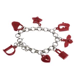 Dior Red Resin Multi Charm Silver Tone Link Bracelet