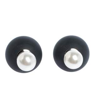 Pre Owned Dior Tribales Black Resin Faux Pearl Silver Tone Stud Earrings