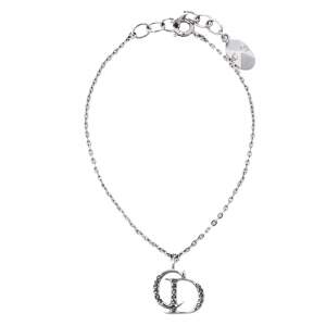 Pre Owned Dior Silver Tone Crystal Logo Charm Bracelet