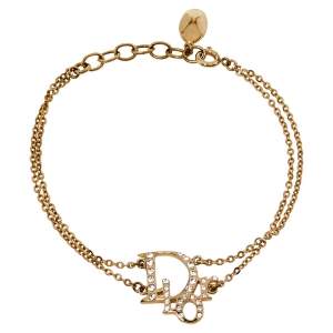 مملوكة مسبقًا Dior Gold Tone Crystal Logo Double Chain Bracelet