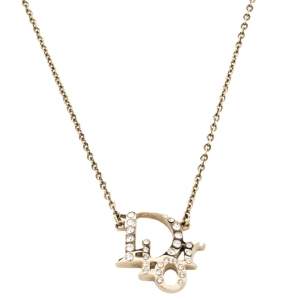 Pre Owned Dior Crystal Logo Pale Gold Tone Necklace