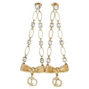 Pre Owned Dior Gold Tone Crystal CD Bow Charm Dangle Earrings