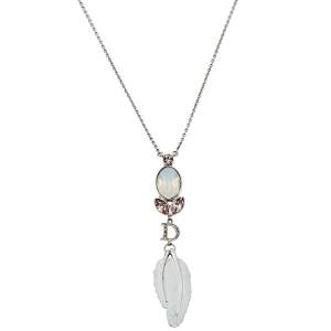 Dior Silver Tone Crystal Enamel Feather Pendant Necklace