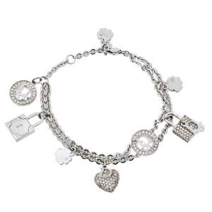 Pre Owned Dior Vintage Crystal Padlocks & Heart Charms Double Strand Bracelet