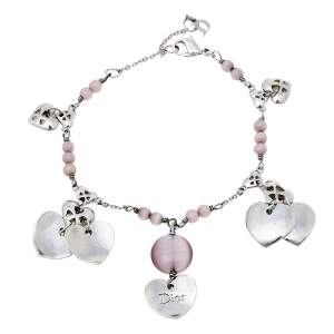 مملوكة مسبقًا Dior Silver Tone Heart Charm Beaded Bracelet