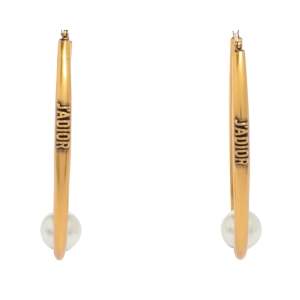 Pre Owned Dior Antique Gold Tone Faux Pearl J'Adior Hoop Earrings