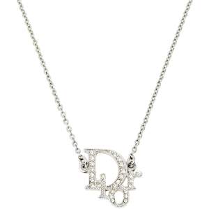 Pre Owned Dior Silver Tone Crystal Logo Pendant Necklace