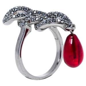 مملوكة مسبقًا Dior Gunmetal Tone Crystal Embellished Red Bead Drop Cocktail Ring L