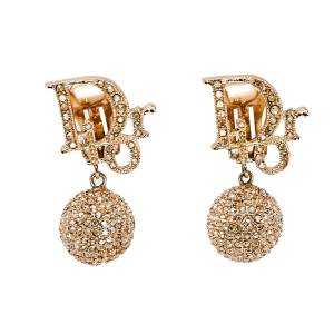 Pre Owned Dior Oblique Gold Tone Crystal Ball Charm Clip On Earrings
