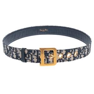 Dior Beige/Navy Blue Oblique Canvas Diorquake Buckle Belt 85 CM