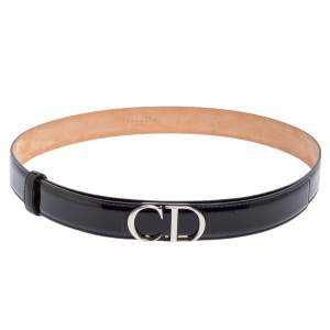 Pre Owned Dior Black Patent Leather CD Logo Belt 70CM