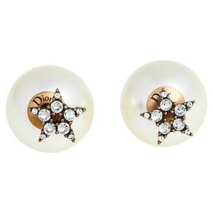 مملوكة مسبقًا Dior Crystal Star Aged Gold Tone Faux Pearl Tribales Earrings 