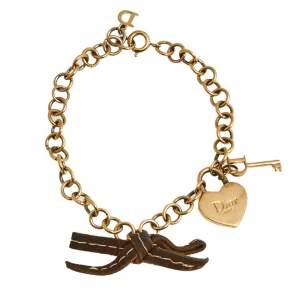 Pre Owned Dior Gold Tone Heart Lock & Key Charm Bracelet