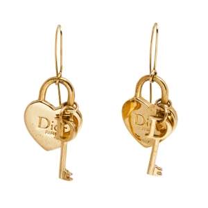 Pre Owned Dior Gold Tone Heart Lock & Key Drop Earrings