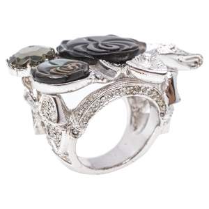 Dior Silver Tone Crystal Bow Detail Cocktail Ring Size 54