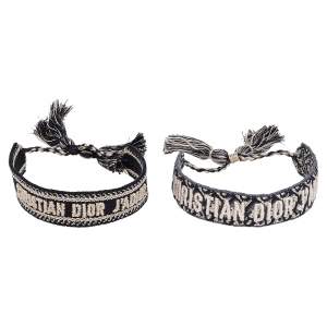 Pre Owned Dior J'adior Navy Blue Cotton Embroidered Dior Oblique Set of Two Bracelets