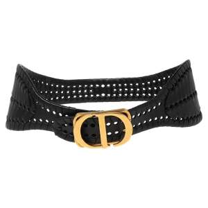 Pre Owned Dior Black Braided Leather Montaigne 30 Waist Belt 75CM